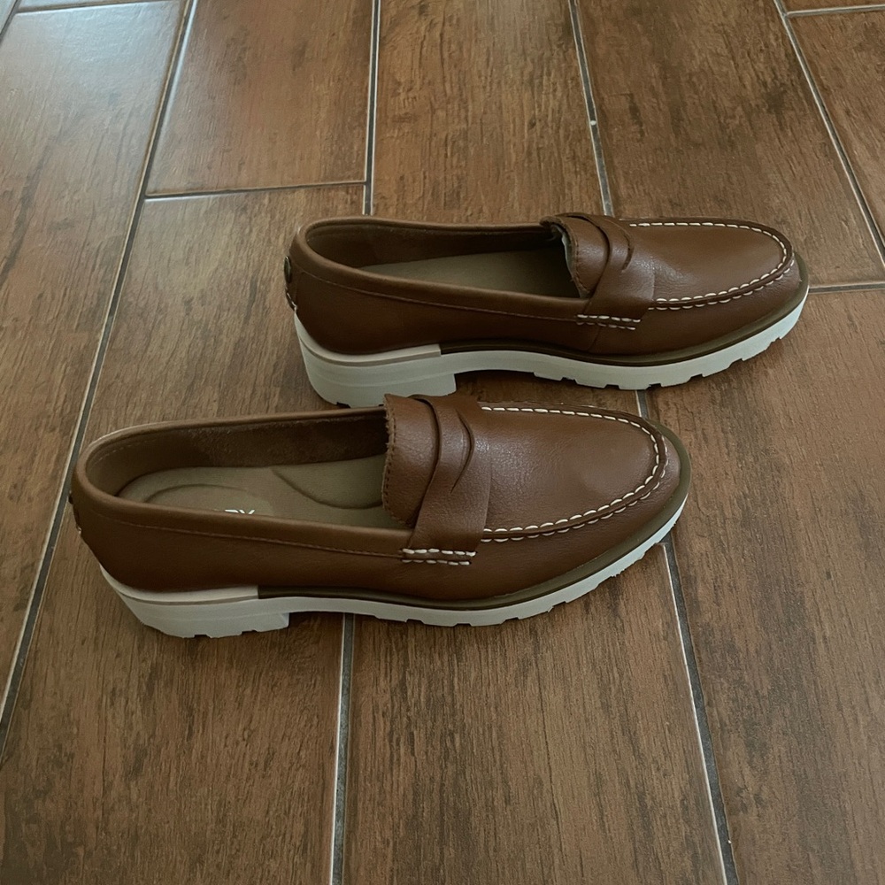 Brown Lug Penny Loafers with White Soles